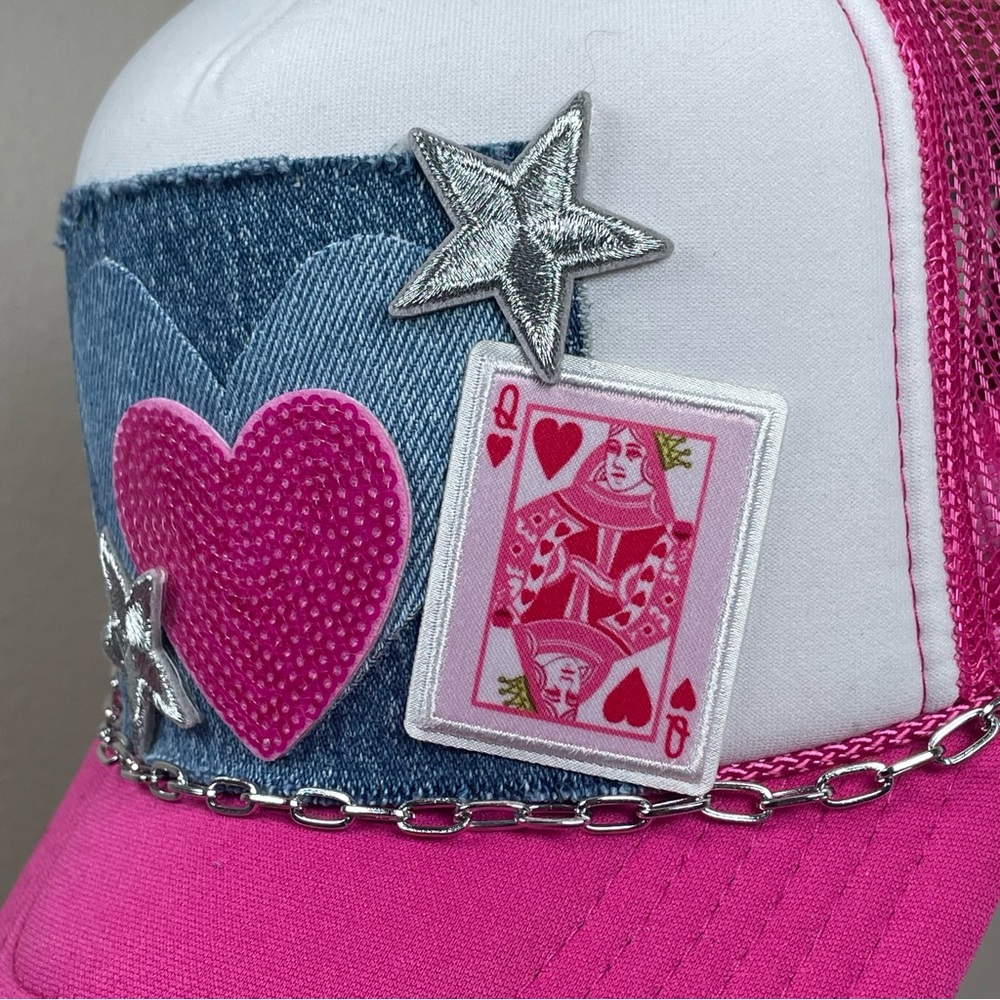NEW Queen of Hearts Trucker Hat Denim Pink Sequins Hearts Silver Stars & Chain - Picture 2 of 9